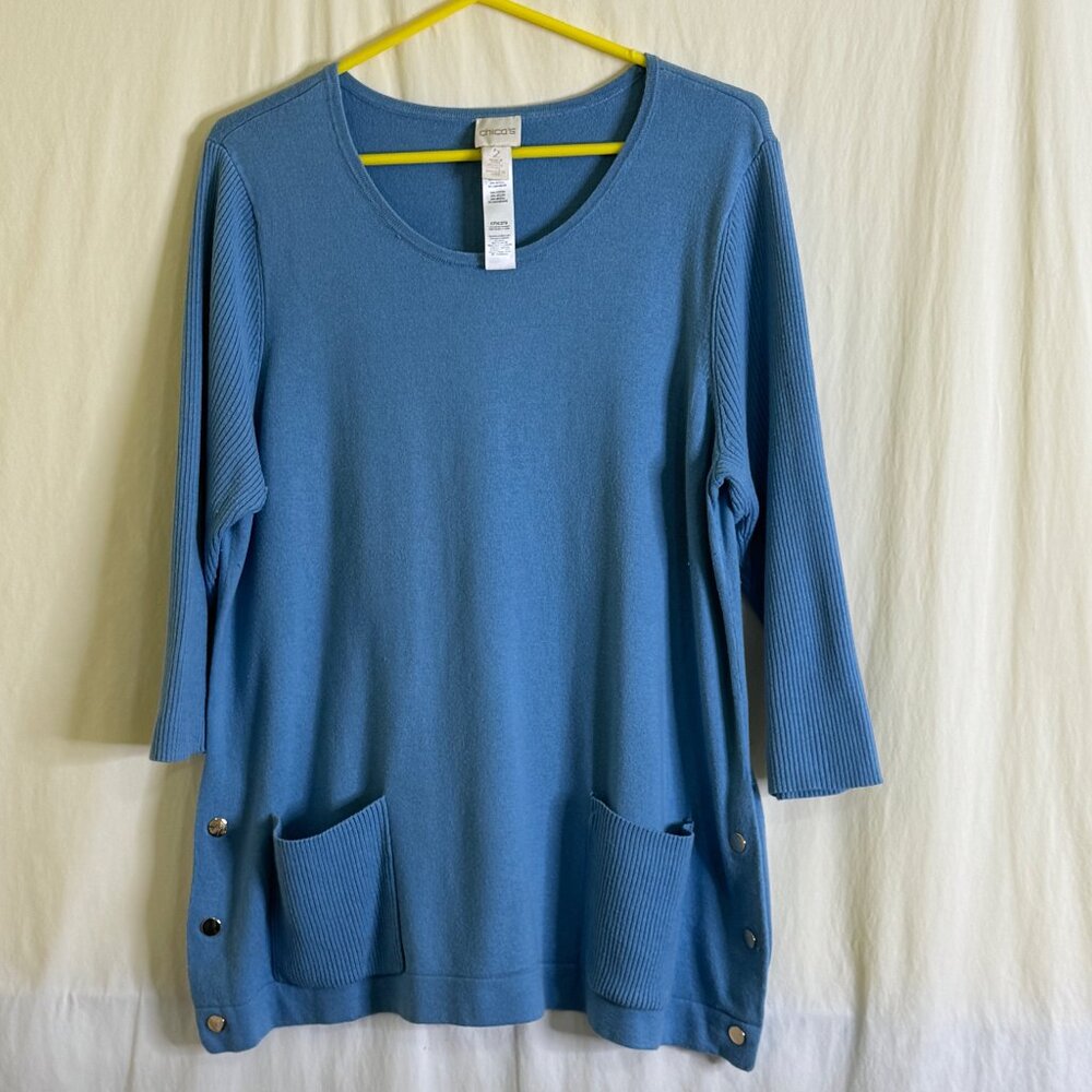 Chicos Women’s 3/4 Sleeve Pullover Blue Sweater Sz 2 (L) Snap Buttons On Sides